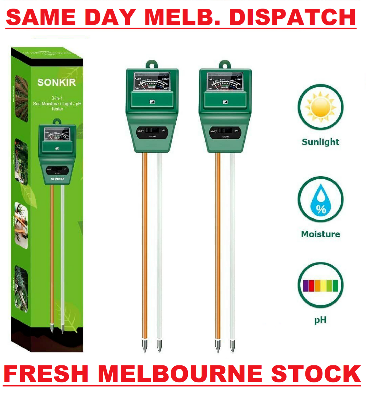 Sonkir Soil pH Meter MS02 3-in-1 Soil Moisture/Light/pH Tester 2 PACK BRAND NEW