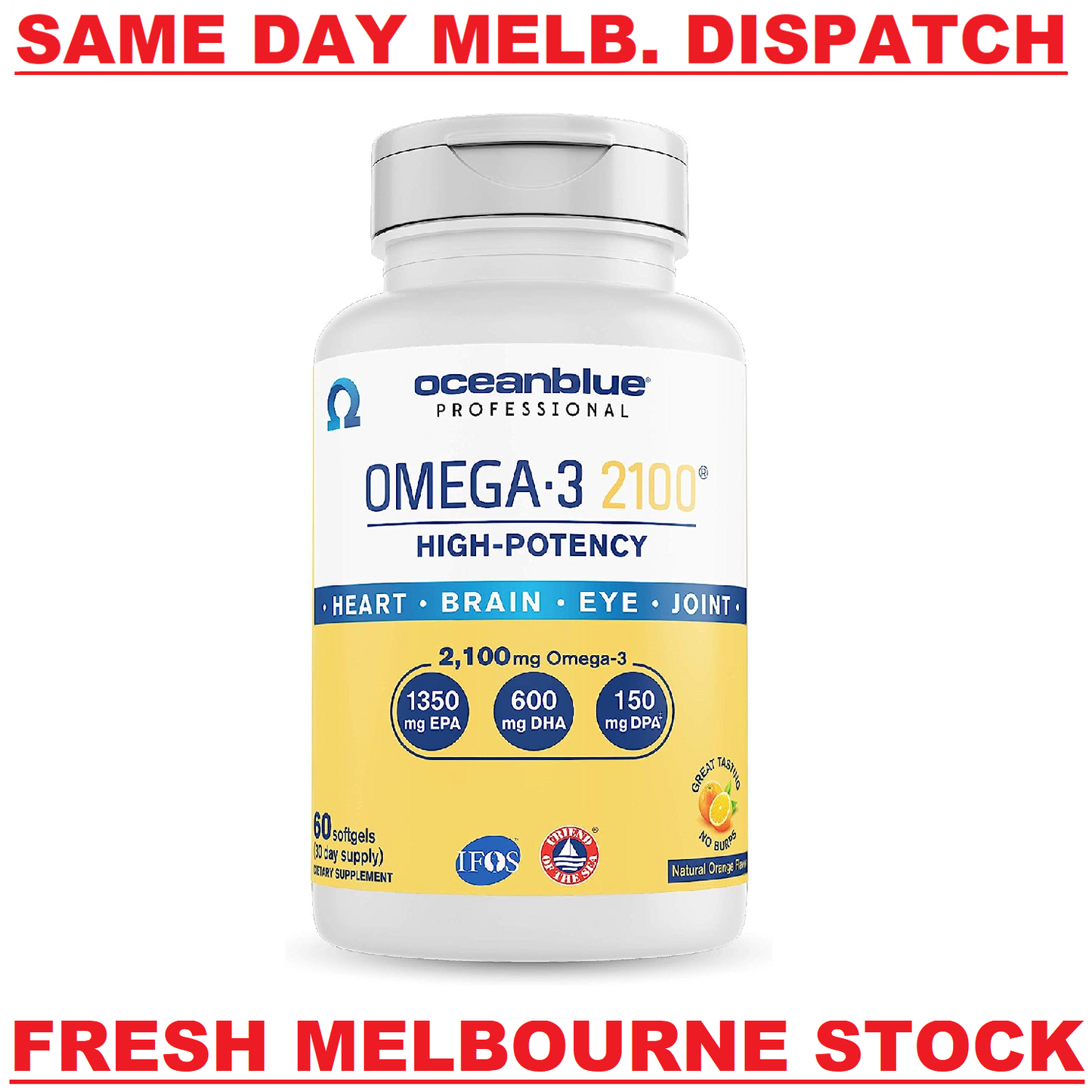 OCEANBLUE Omega-3 2100 mg HIGH POTENCY EPA/DHA/DPA Fish Oil 60 Soft Gels Orange