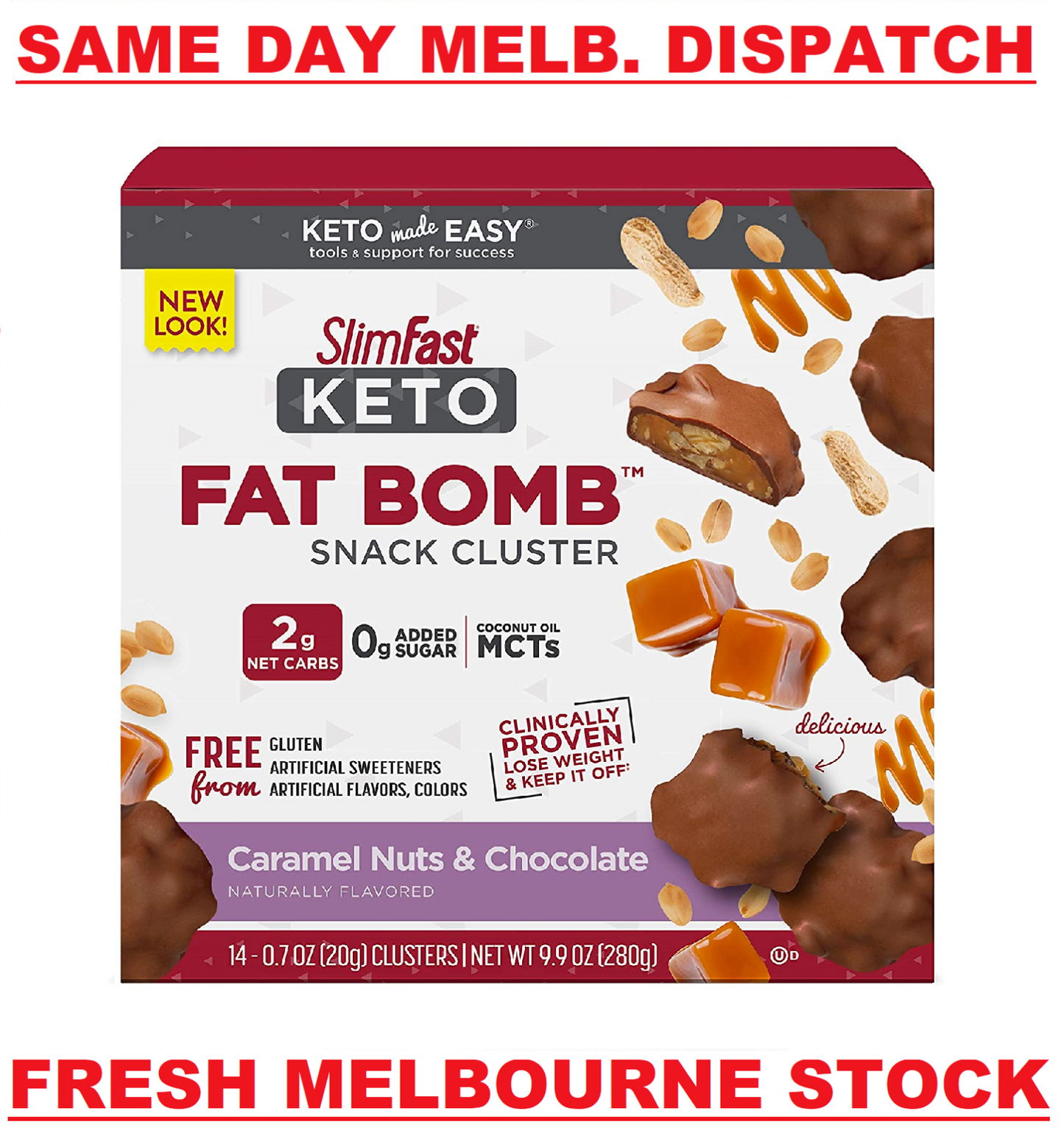 SlimFast Keto Fat Bomb Snack Cluster - 14 Packs x 20g Caramel Nuts & Chocolate