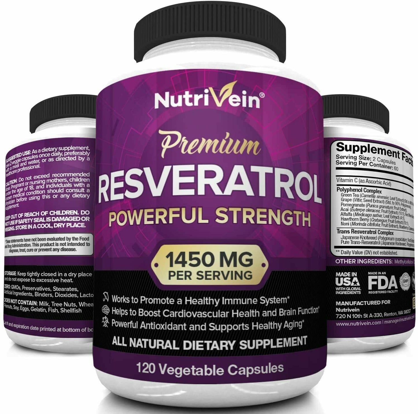 NUTRIVEIN RESVERATROL 1450mg 120 Caps Anti-Aging NAD+ NMN Booster - FREE EXPRESS