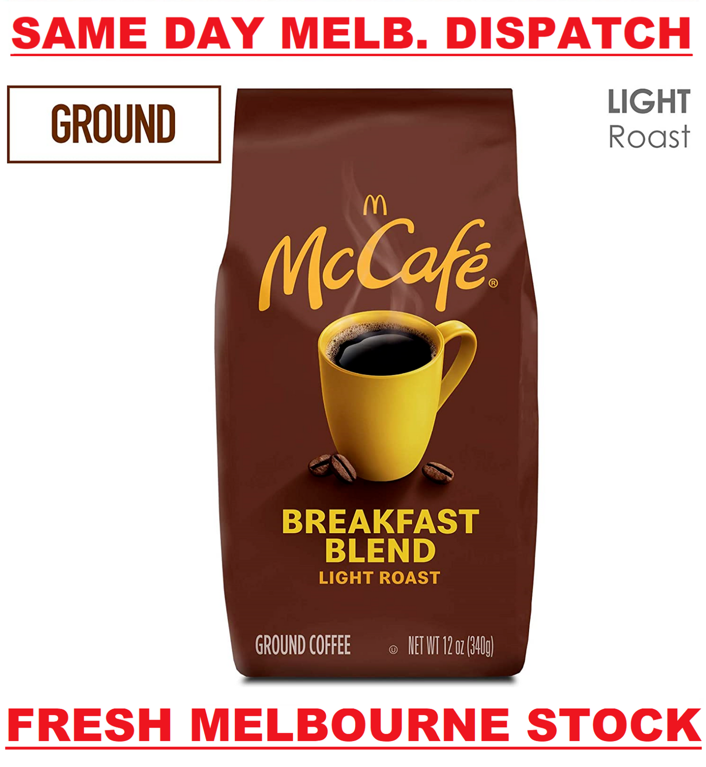 McCafe Breakfast Blend Light Roast Ground Coffee 100% Arabica Beans Kosher 340g