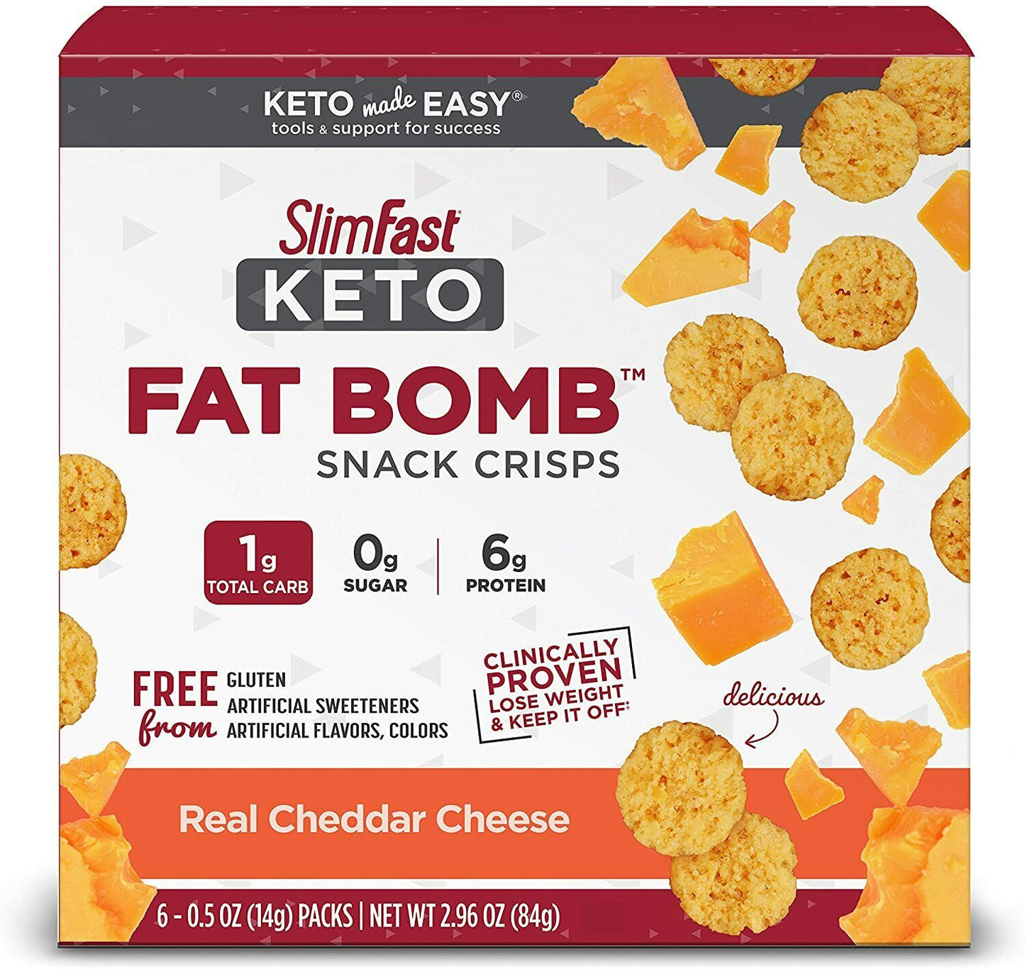 SlimFast Keto Fat Bomb Snack Crisps Chips - 6 Packs x 14g Real Cheddar Cheese
