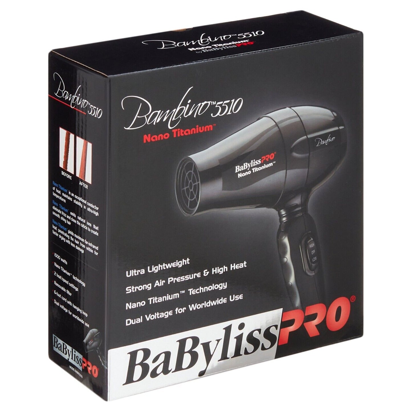 BaBylissPRO Bambino 5510 Nano Titanium Hair Dryer 1000w Travel Size Dual Voltage