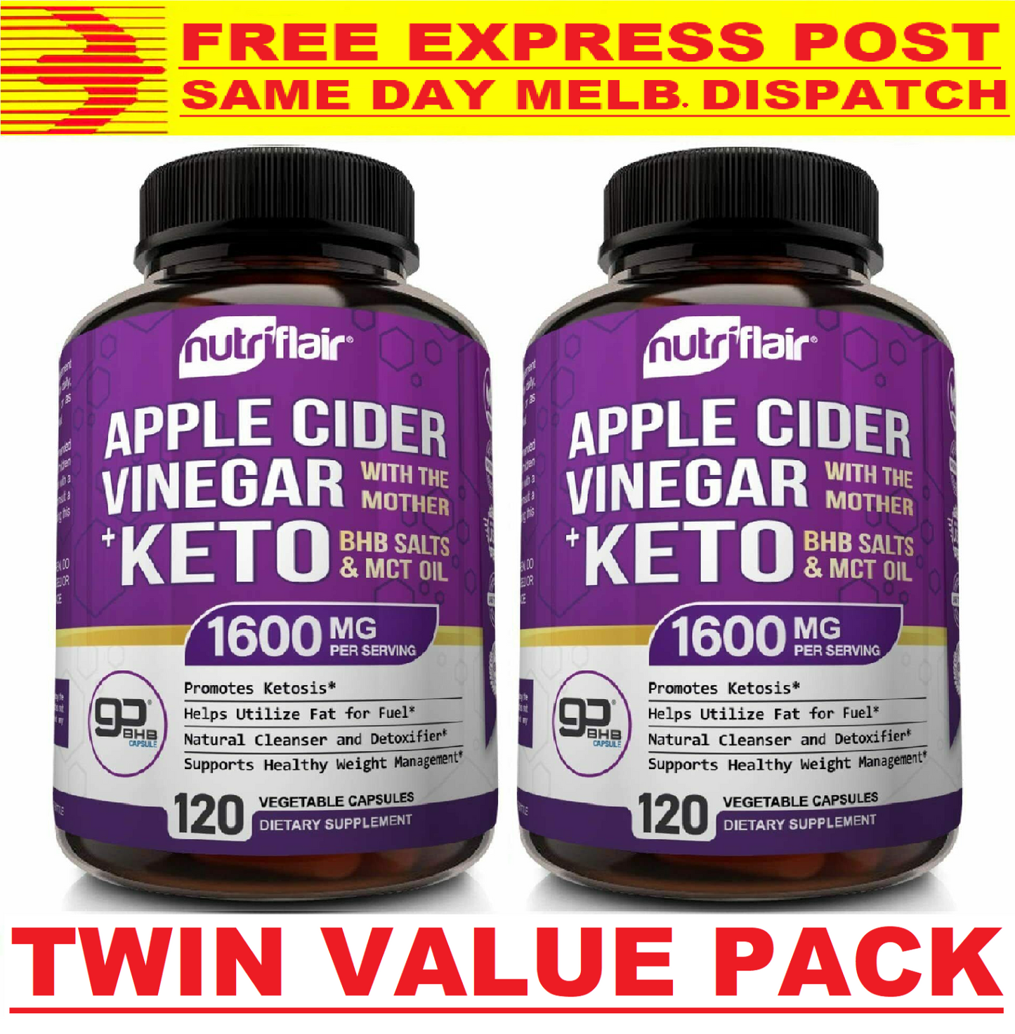 NutriFlair Apple Cider Vinegar + KETO BHB Diet Pills 120c ADVANCED WEIGHT LOSS