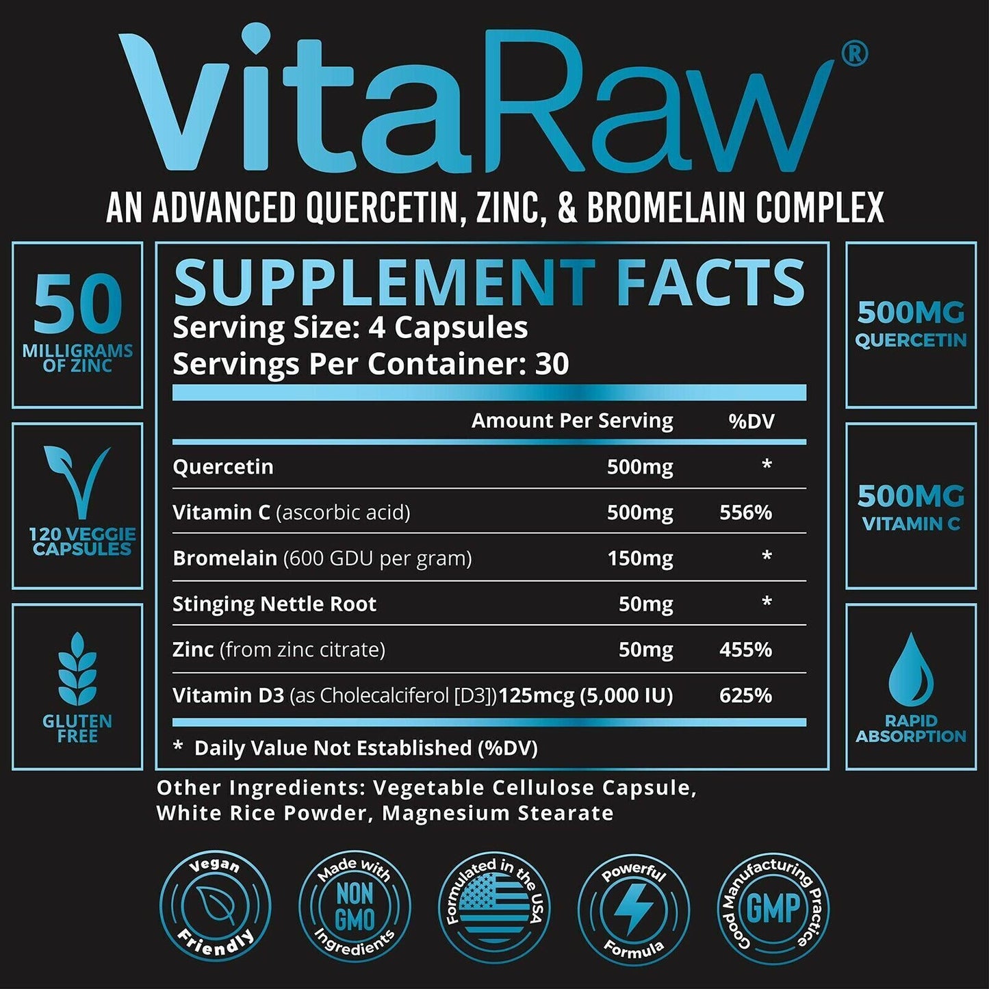 VitaRaw Quercetin Zinc Bromelain POWERFUL IMMUNE SUPPORT 120 Caps - FREE EXPRESS