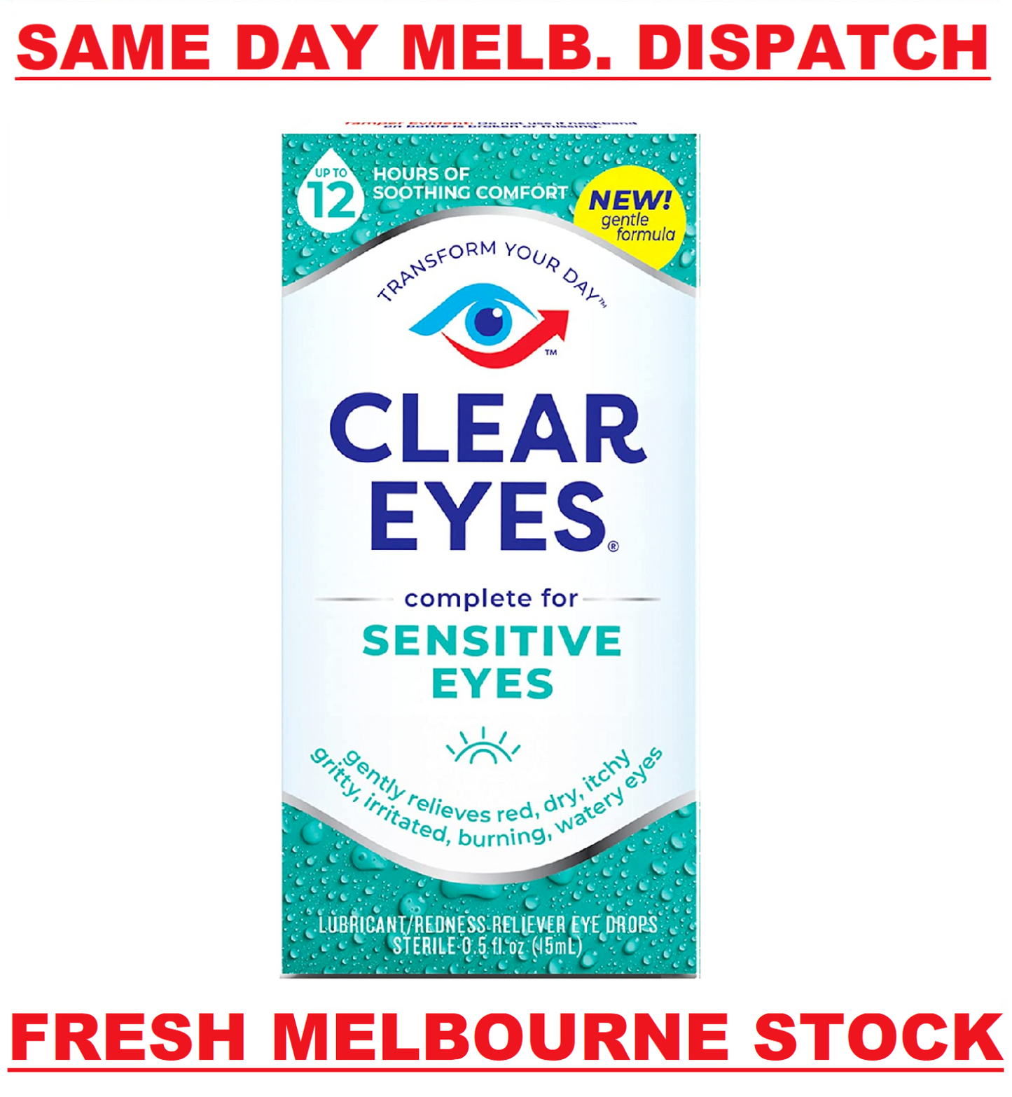Clear Eyes Lubricant Sensitive Eye Drops - Gentle Relief Redness Dry Itchy 15mL