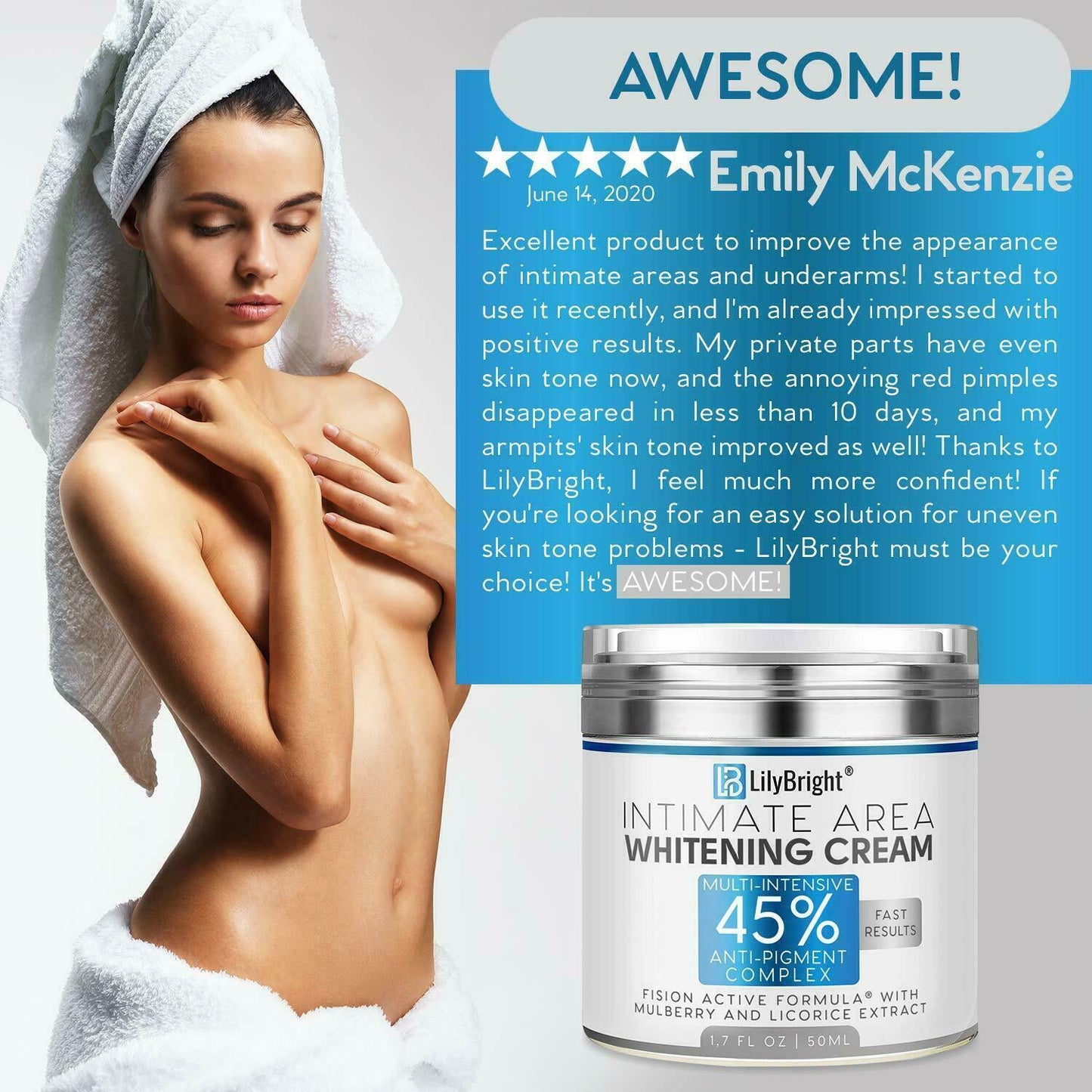 LilyBright Intimate Area Skin Whitening Cream Intensive 45% Treatment 50ml NEW