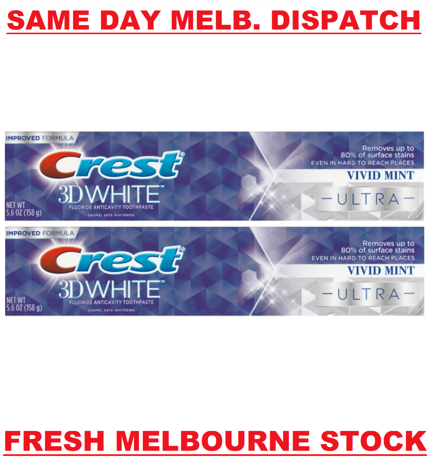 Crest 2 x 158g Pack 3D White Ultra Teeth Whitening 3-in-1 Toothpaste Vivid Mint