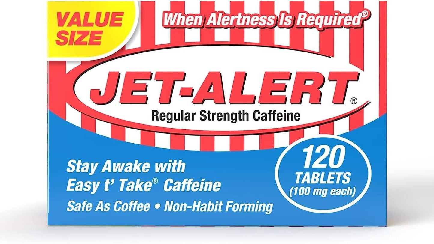 JET ALERT Caffeine Tablets 100mg VALUE SIZE 120 Tabs STAY AWAKE - FREE EXPRESS