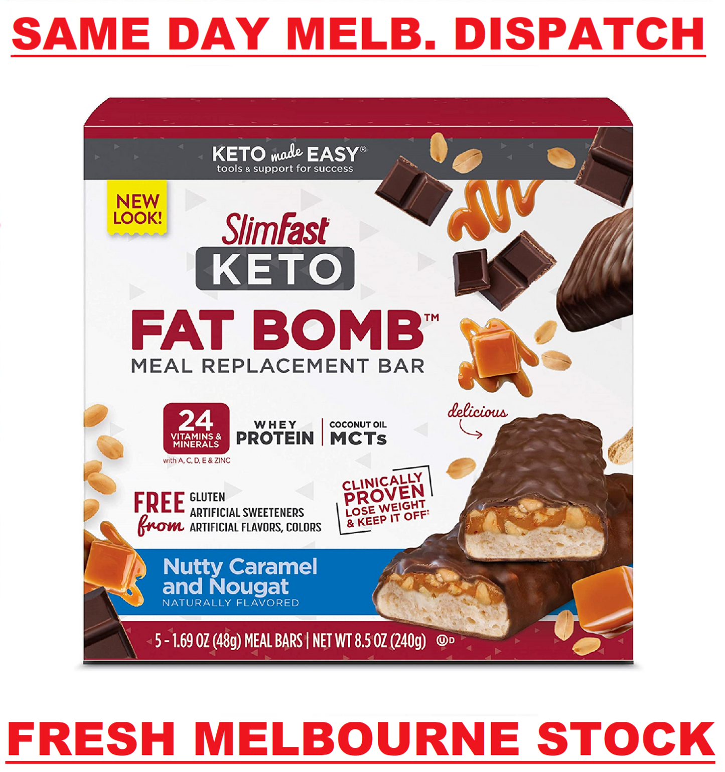 SlimFast Keto Fat Bomb Meal Replacement Bar - 5 x 48g Nutty Caramel & Nougat