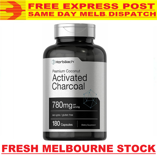 ACTIVATED CHARCOAL 780mg Horbaach HIGH DOSAGE Detox 180 Caps - FREE EXPRESS POST