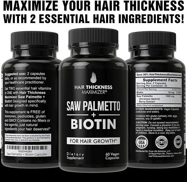 SAW PALMETTO 1000 mg + BIOTIN 10000 mcg HAIR GROWTH VITAMINS DHT BLOCKER 60 CAPS