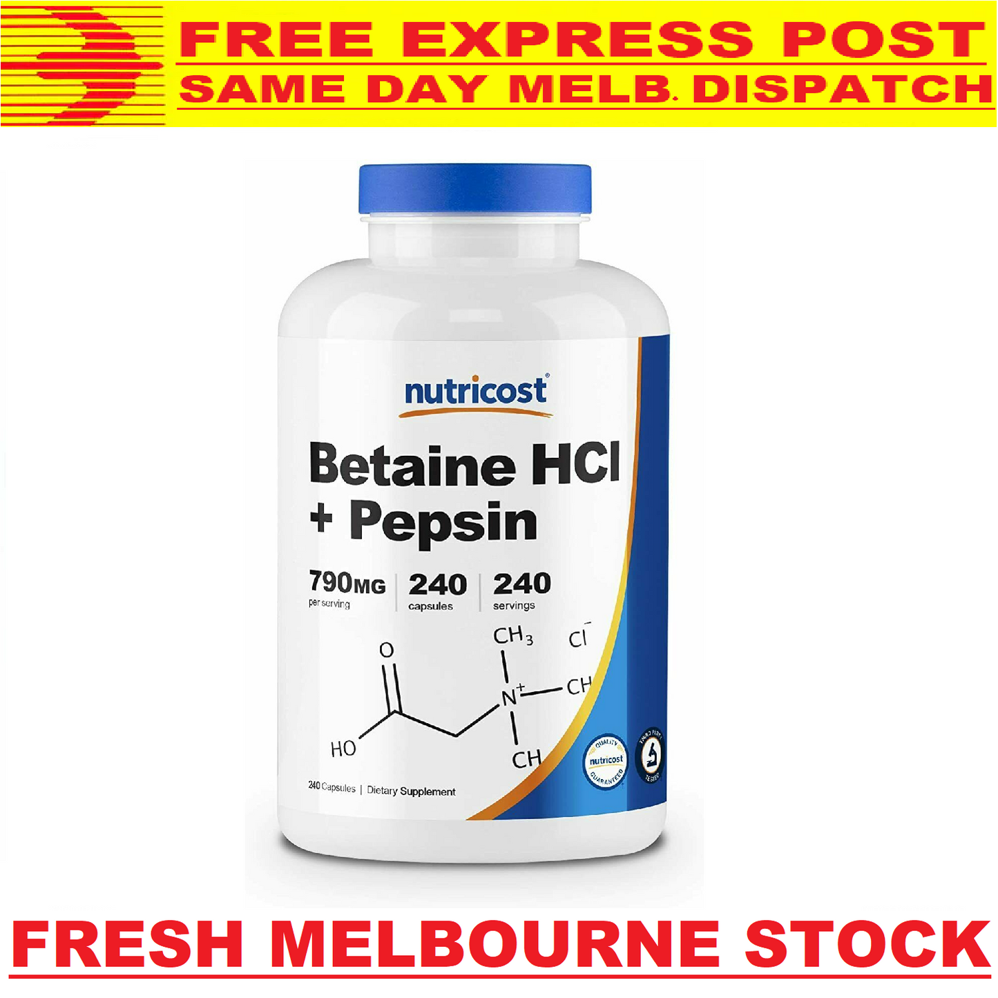 Nutricost Betaine HCL + Pepsin EXTRA STRENGTH 790mg 240 Caps - FREE EXPRESS POST