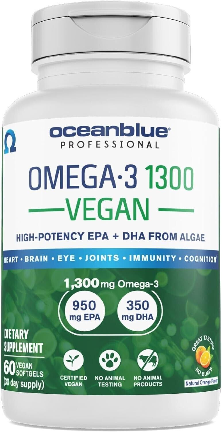 OCEANBLUE VEGAN Plant Based Omega-3 1300 mg ALGAE DHA/EPA - 60 Soft Gels Orange