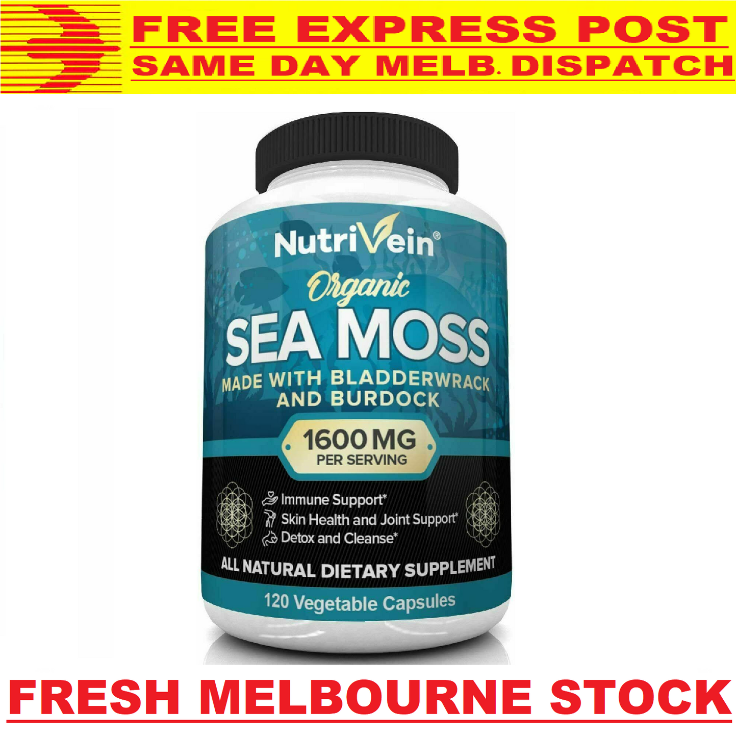 NUTRIVEIN ORGANIC IRISH SEA MOSS 1600mg 120 Caps DOUBLE STRENGTH - FREE EXPRESS