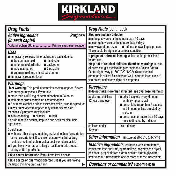 Kirkland PAIN RELIEF EXTRA STRENGTH Acetaminophen 500mg 500 Caps - FREE EXPRESS