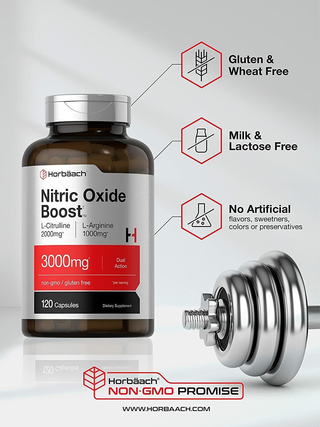 Nitric Oxide NO2 Booster 3000mg 120 Caps PRE-WORKOUT MUSCLE PUMP GROWTH Horbaach