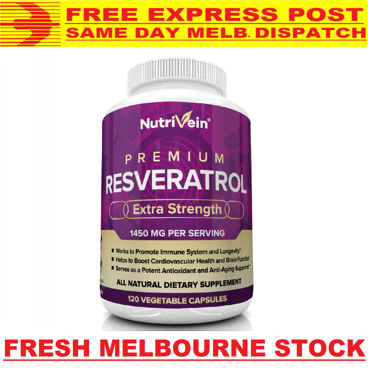 NUTRIVEIN RESVERATROL 1450mg 120 Caps Anti-Aging NAD+ NMN Booster - FREE EXPRESS