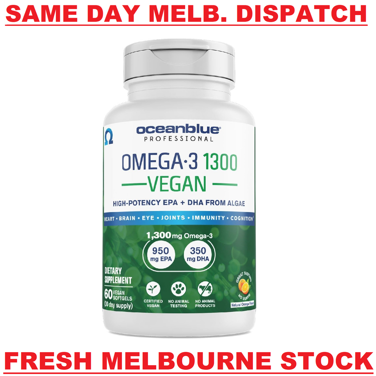 OCEANBLUE VEGAN Plant Based Omega-3 1300 mg ALGAE DHA/EPA - 60 Soft Gels Orange