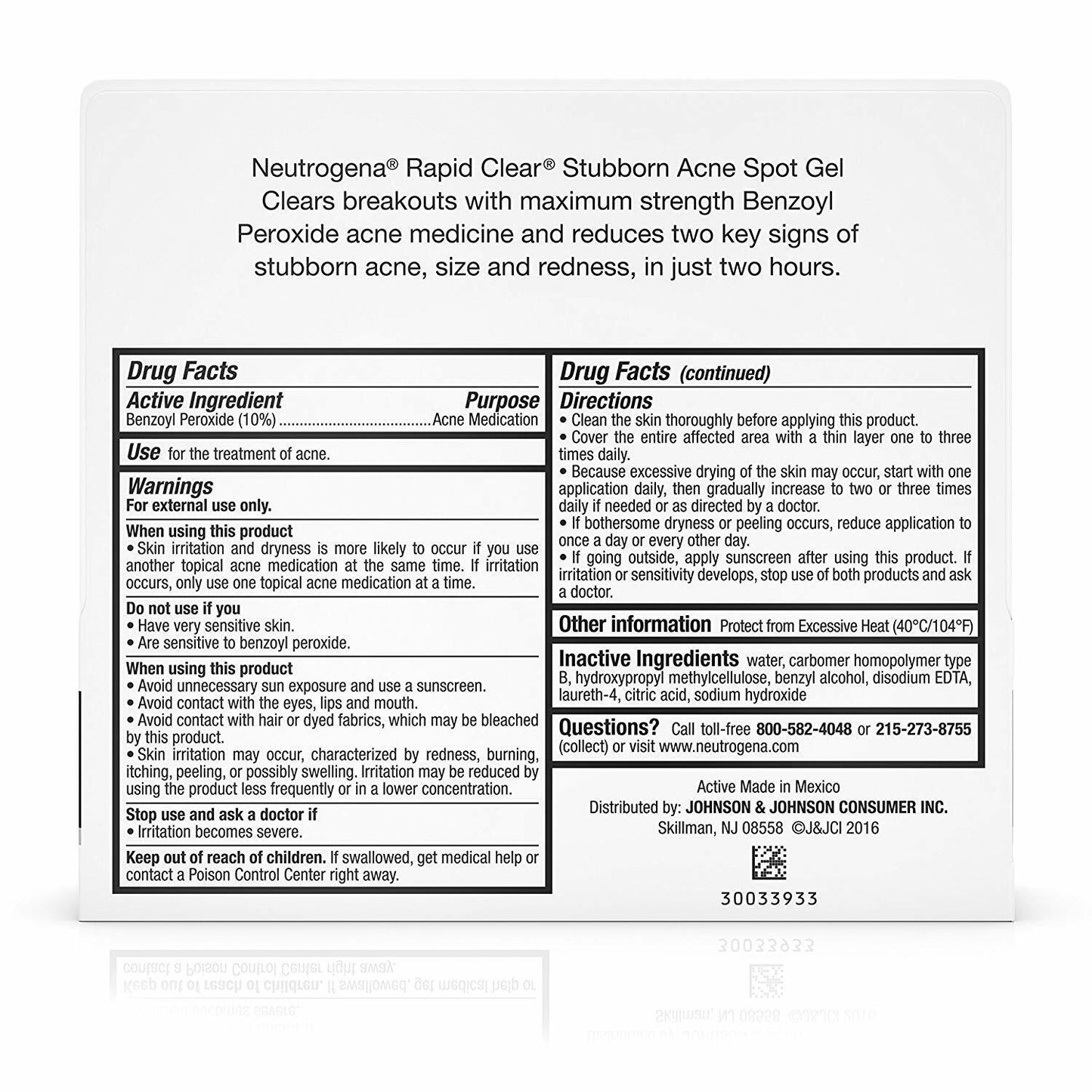 Neutrogena Rapid Clear Stubborn Acne Spot Gel Skin Care 10% Benzoyl Peroxide 28g