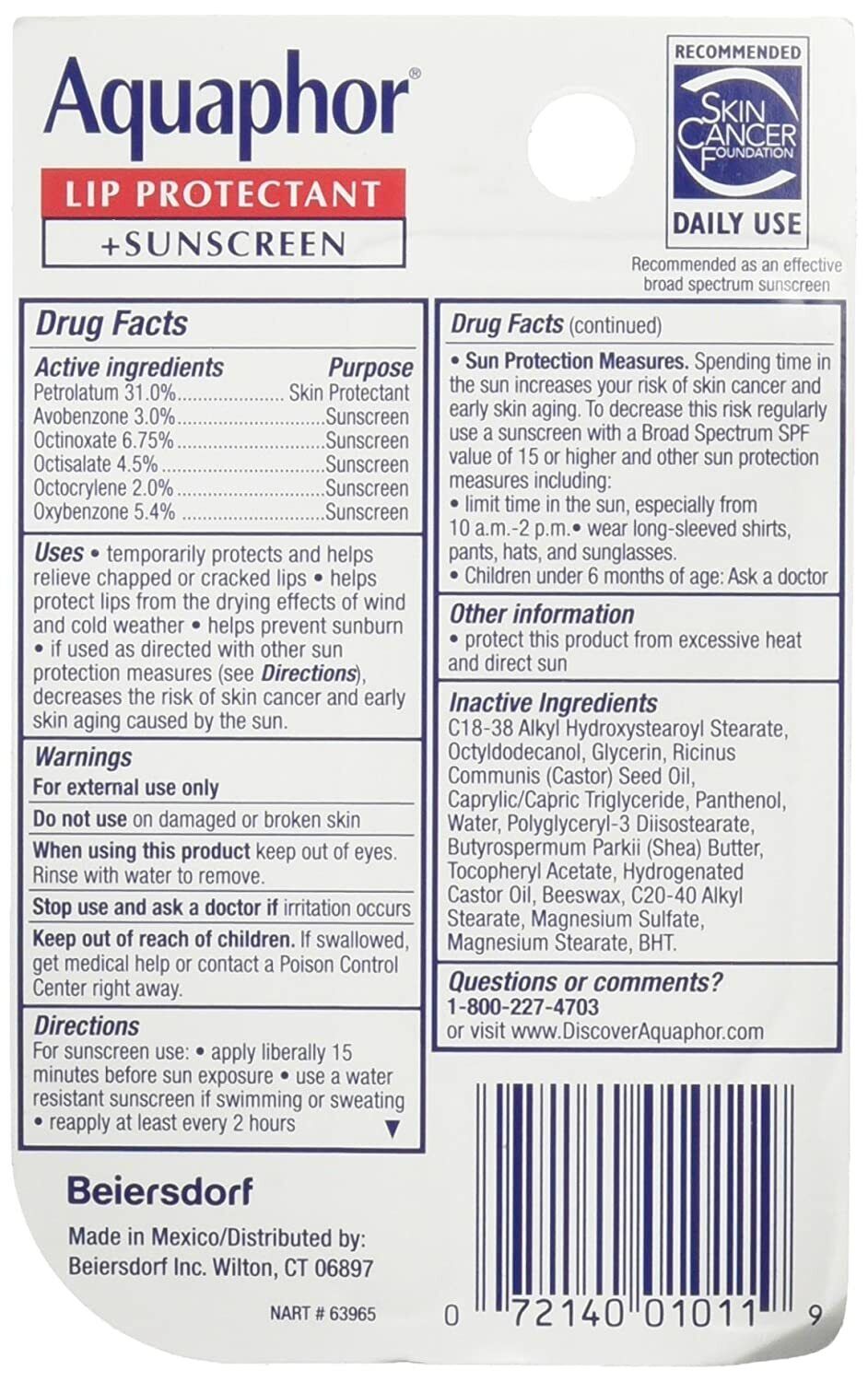 Aquaphor Lip Balm Protectant + Sunscreen SPF30 Severely Dry Chapped Cracked Lips