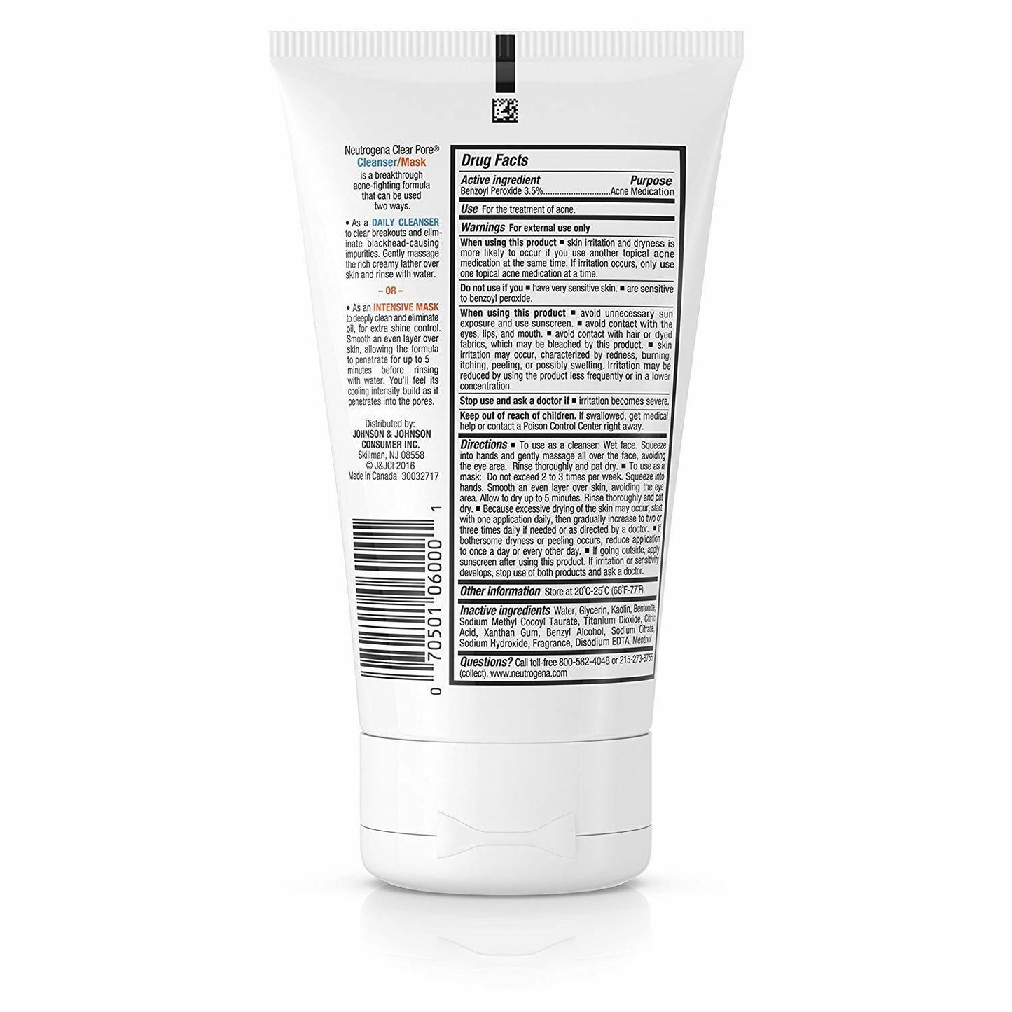 Neutrogena Clear Pore 2-in-1 Acne Cleanser & Face Mask - Benzoyl Peroxide 125mL