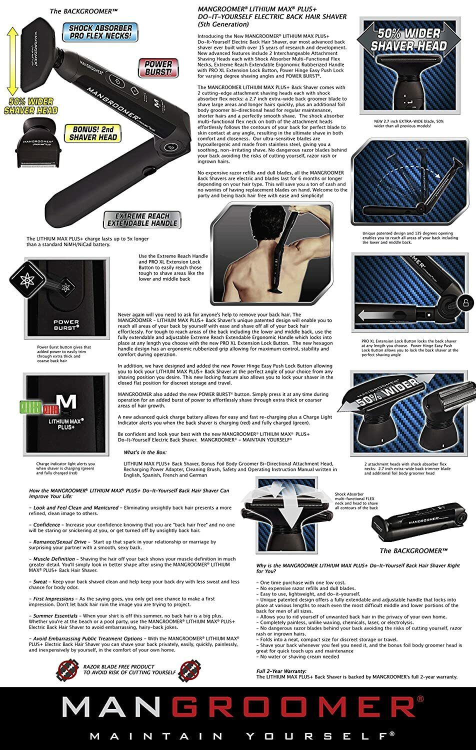 Mangroomer Lithium Max Plus+ WIDE HEAD Back Shaver - Shock Absorber Power Burst