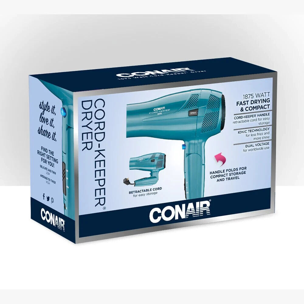 CONAIR Cord Keeper 1875W Hair Dryer Retractable Cord Folding Handle Compact NEW