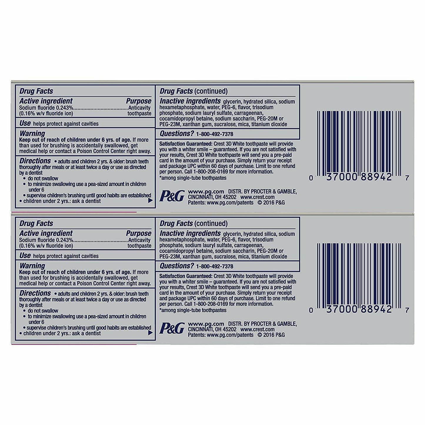 Crest 2 x 116g Pack 3D White Luxe Brilliance Vibrant Teeth Whitening Toothpaste