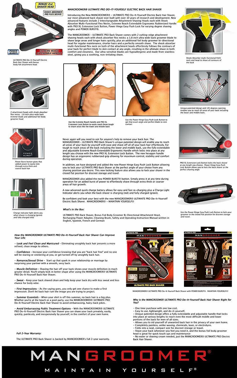 Mangroomer Ultimate Pro Back Shaver 2 Shock Absorber Flex Heads Power Hinge NEW