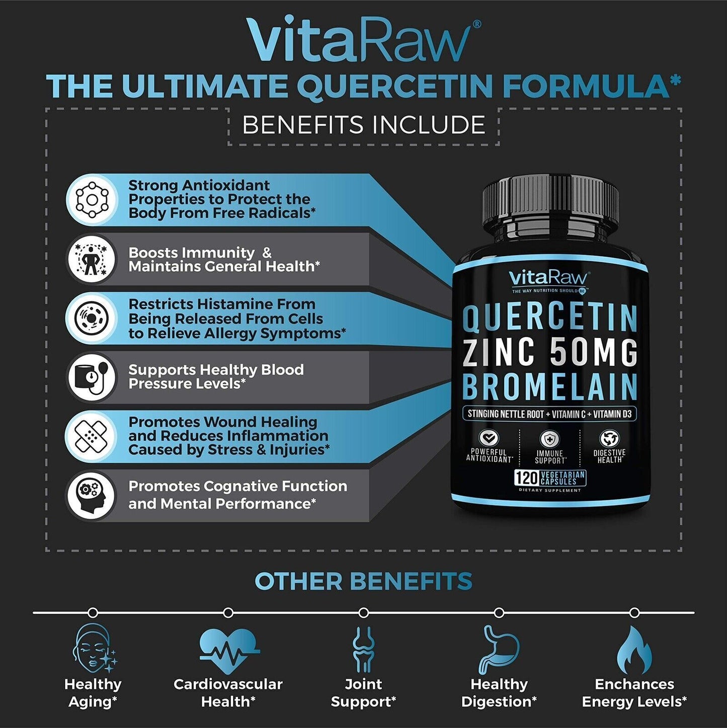 VitaRaw Quercetin Zinc Bromelain POWERFUL IMMUNE SUPPORT 120 Caps - FREE EXPRESS