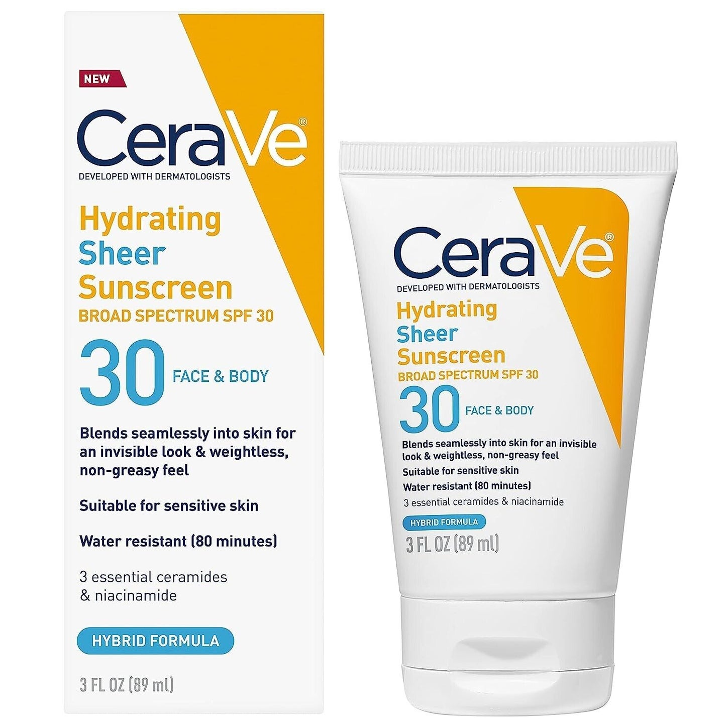 CeraVe Hydrating Sheer Sunscreen for Face & Body SPF30 with Niacinamide 89mL NEW