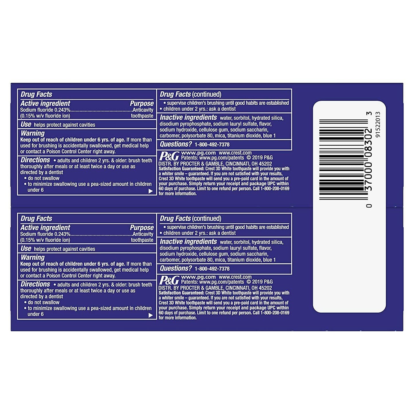 Crest 2x99g Pack 3D White Stain Eraser Teeth Whitening Toothpaste Icy Clean Mint