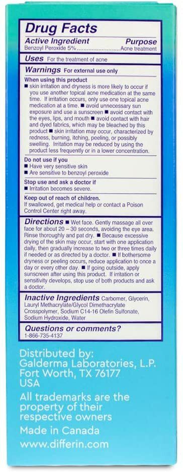 Differin Daily Deep Acne Cleanser Sensitive Skin Care 5% Benzoyl Peroxide 118ml