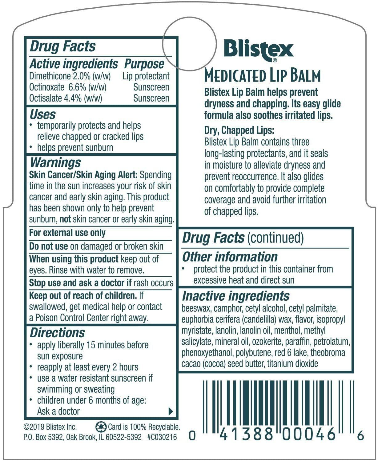 Blistex Medicated Lip Balm Protectant Sunscreen SPF 15 3x Chap Stick Value Pack