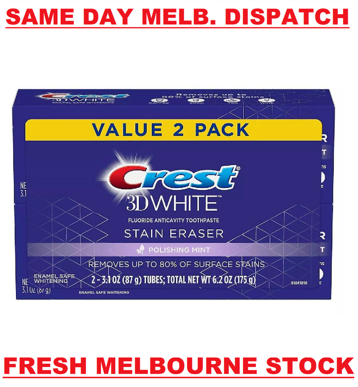 Crest 2x87g Pack 3D White Stain Eraser Teeth Whitening Toothpaste Polishing Mint