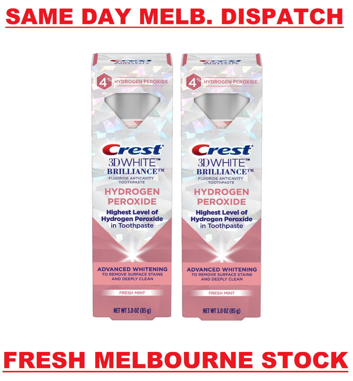 Crest 2x85g 3D White Brilliance 4% Hydrogen Peroxide Teeth Whitening Toothpaste