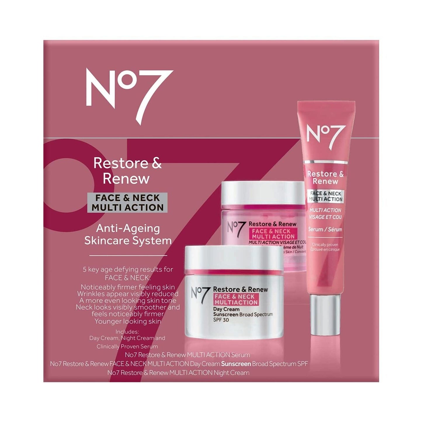 No7 Restore & Renew Face Neck Multi Action Skincare Kit SPF, Serum & Night Cream