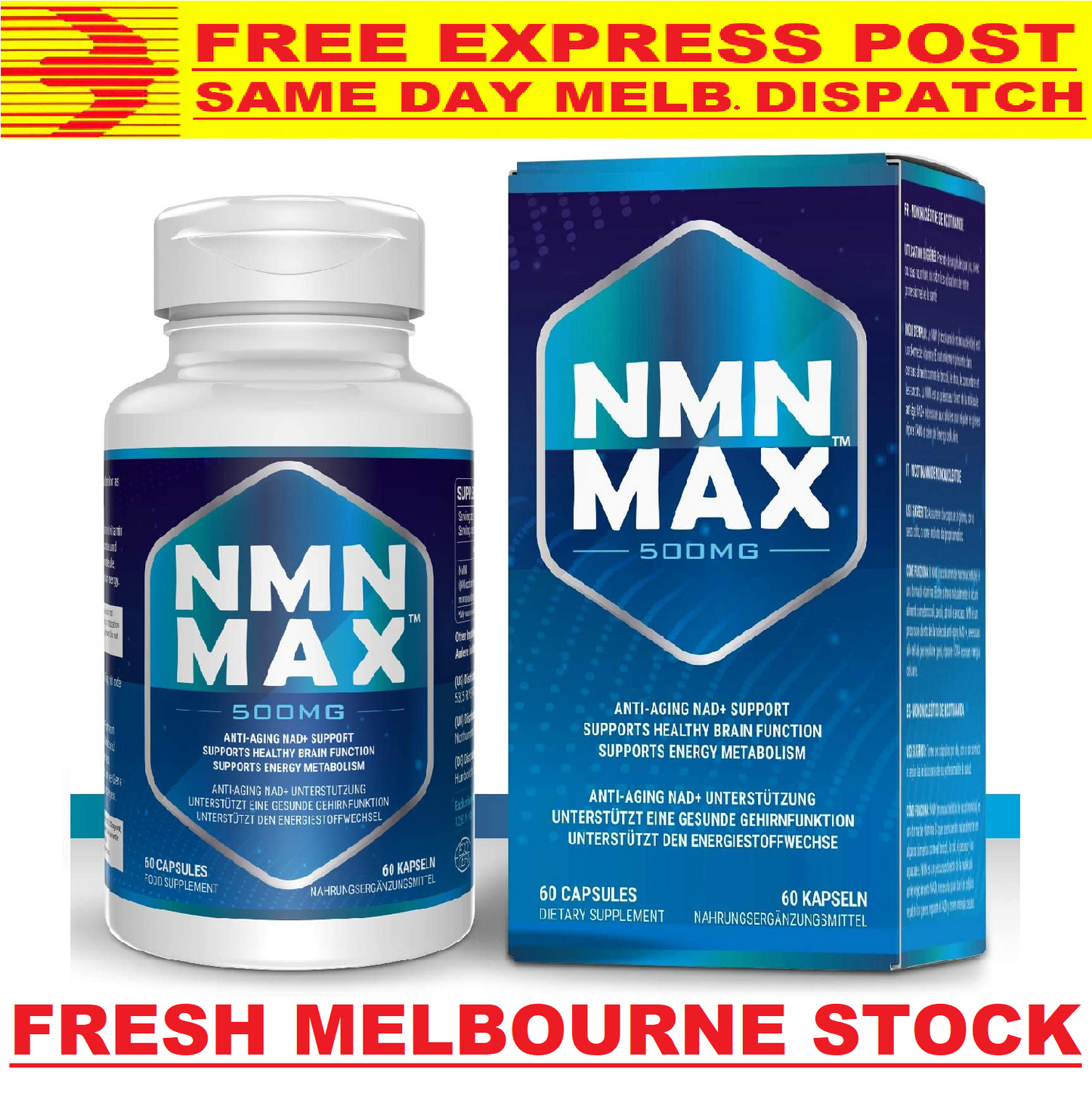NMN Max 500mg x 60 Caps DOUBLE STRENGTH NAD+ BOOST ANTI-AGING FREE EXPRESS POST!