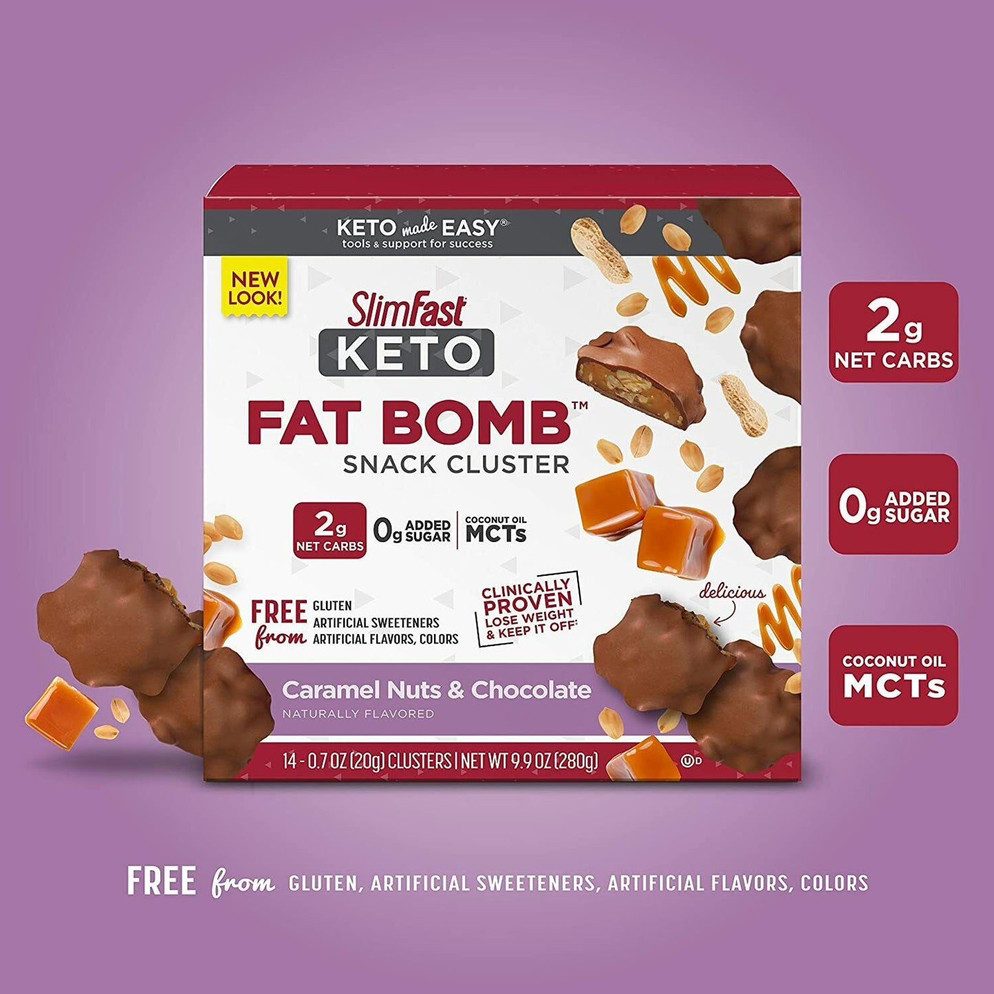 SlimFast Keto Fat Bomb Snack Cluster - 14 Packs x 20g Caramel Nuts & Chocolate