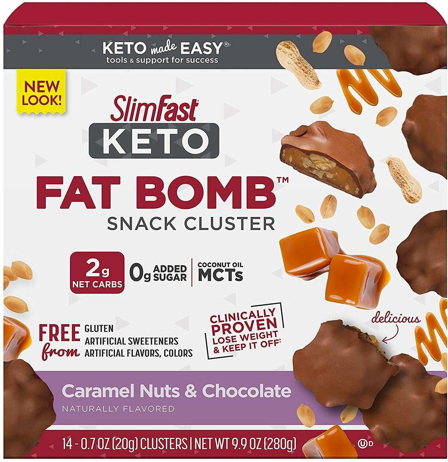 SlimFast Keto Fat Bomb Snack Cluster - 14 Packs x 20g Caramel Nuts & Chocolate