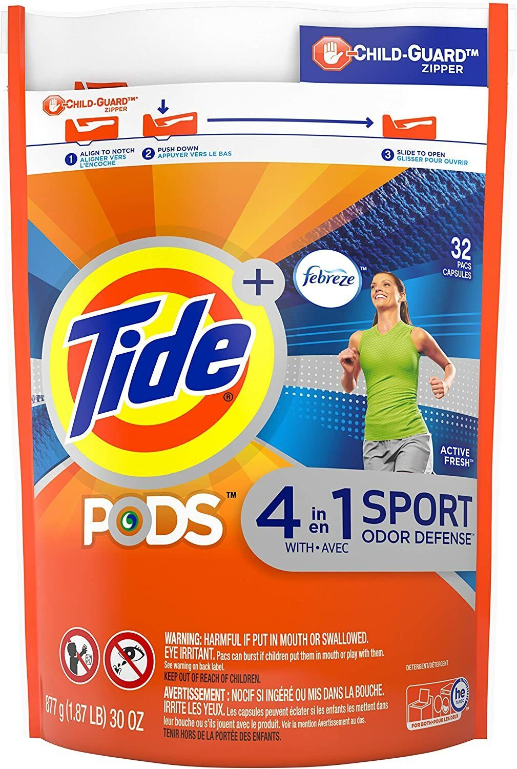 Tide PODS Laundry Detergent Liquid 32 Pacs 4-in1 Febreze Sport Odor Defense NEW