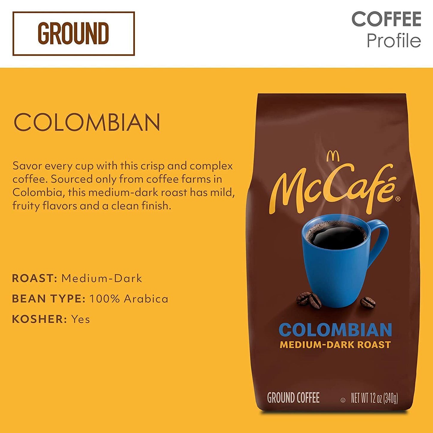 McCafe Colombian Medium Dark Roast Ground Coffee 100% Arabica Beans Kosher 340g