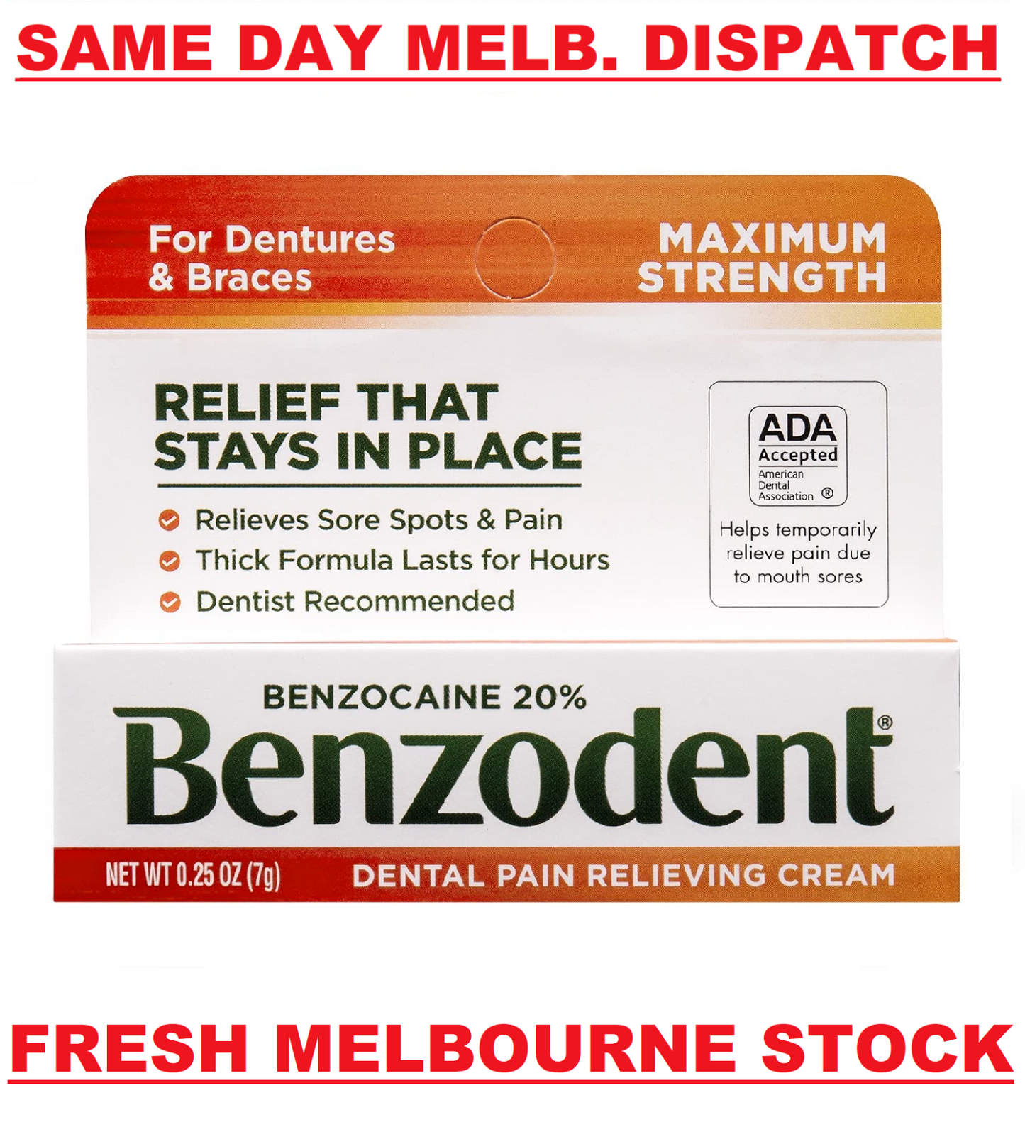Benzodent Dental Pain Relieving Cream for Dentures and Braces 7g Tube MELB STOCK