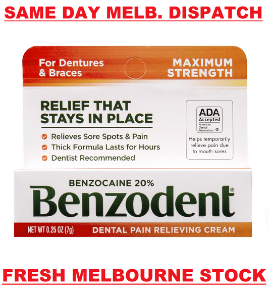 Benzodent Dental Pain Relieving Cream for Dentures and Braces 7g Tube MELB STOCK