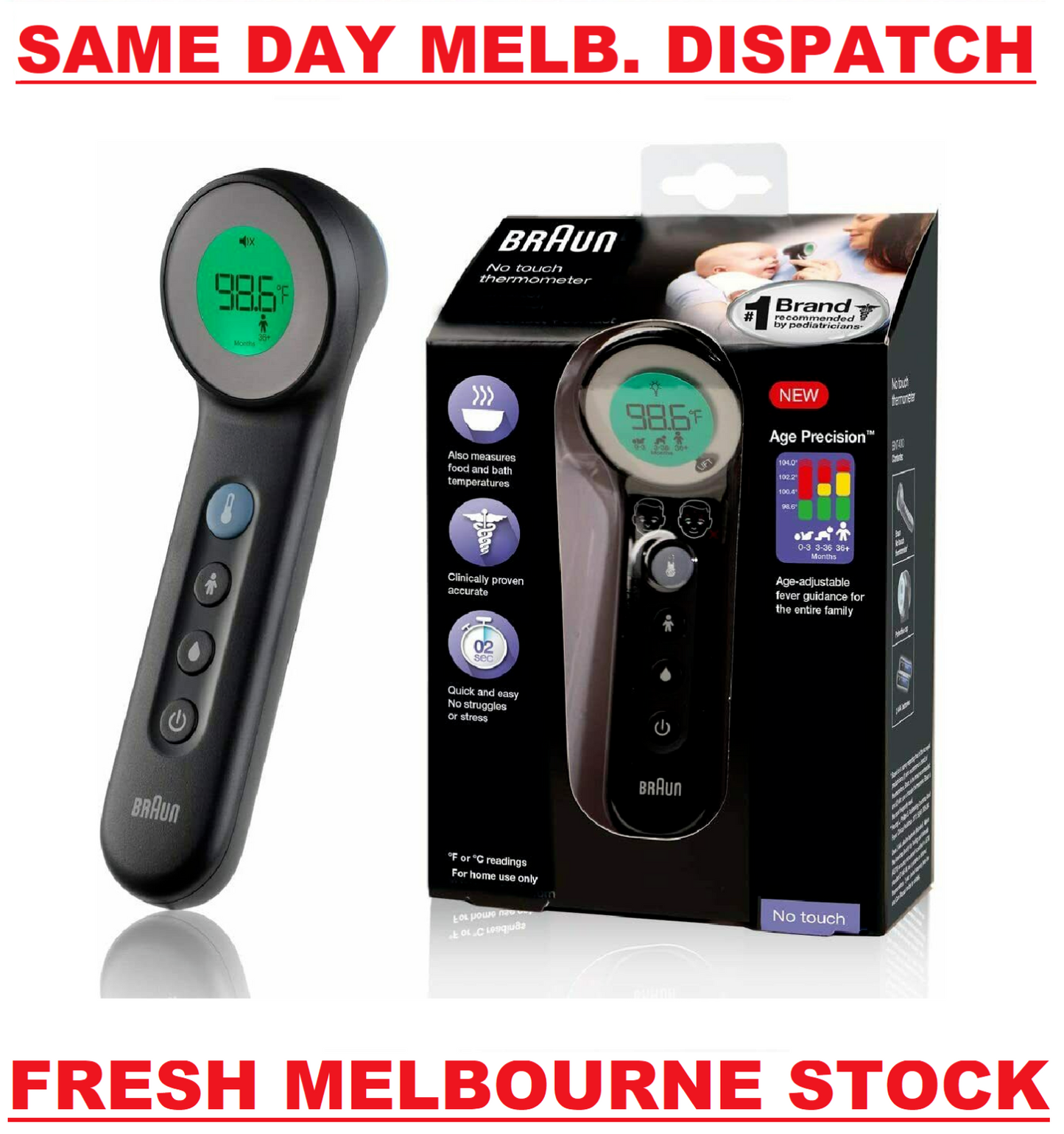 Braun No Touch 3-in-1 Thermometer BNT400 Age Precision Touchless Infrared IR NEW