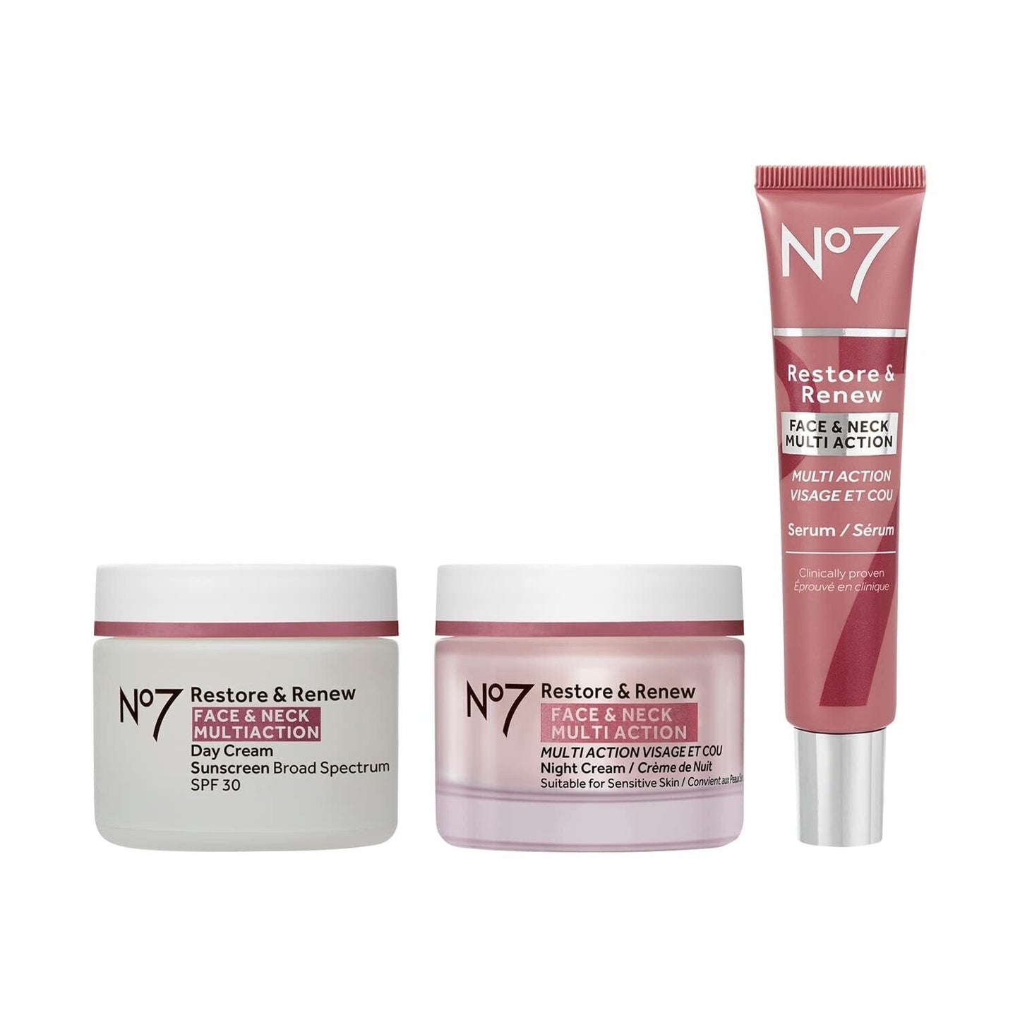 No7 Restore & Renew Face Neck Multi Action Skincare Kit SPF, Serum & Night Cream