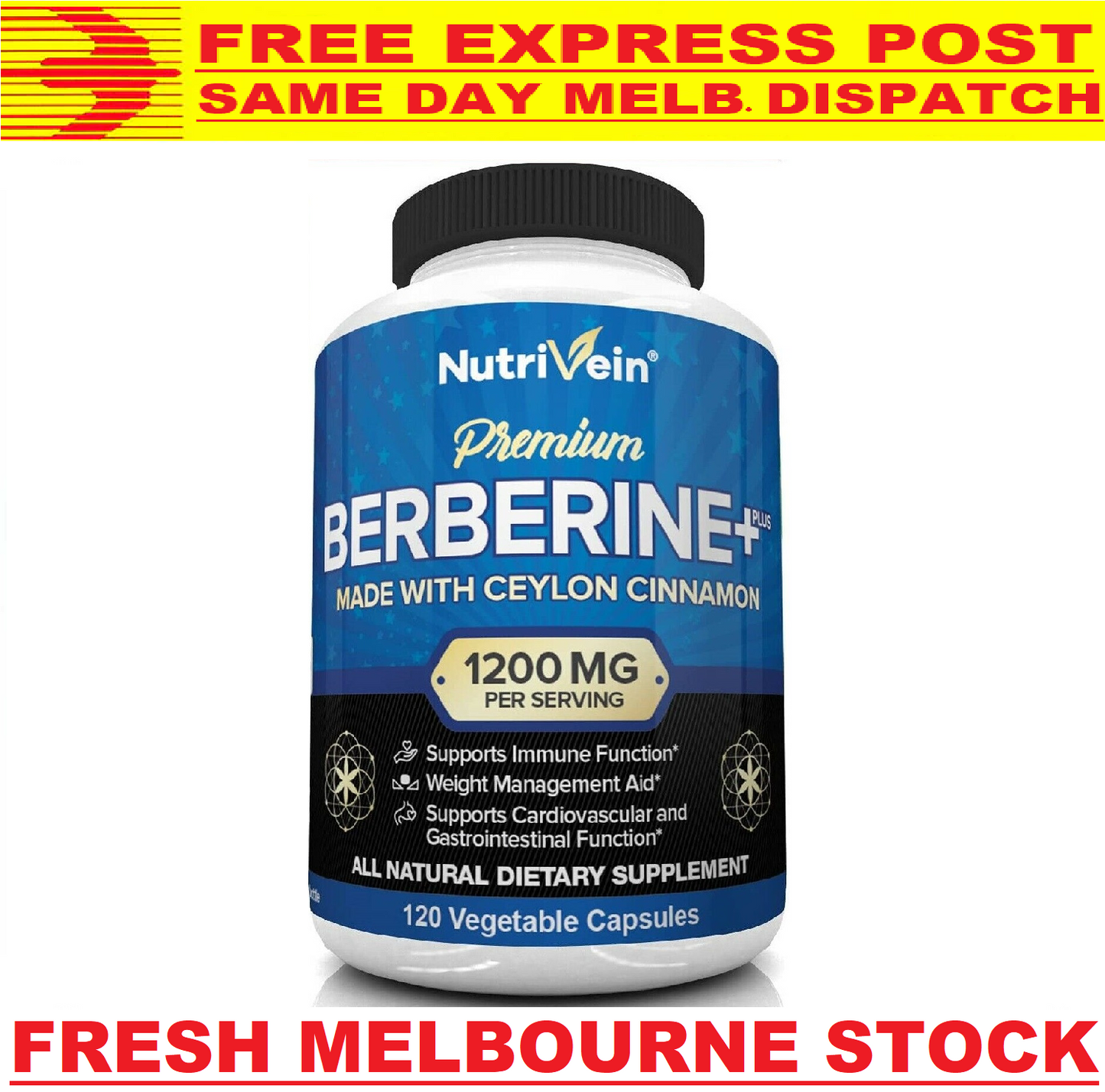 NUTRIVEIN PREMIUM BERBERINE HCL 1200mg 120 Capsules w/ ORGANIC Ceylon Cinnamon!