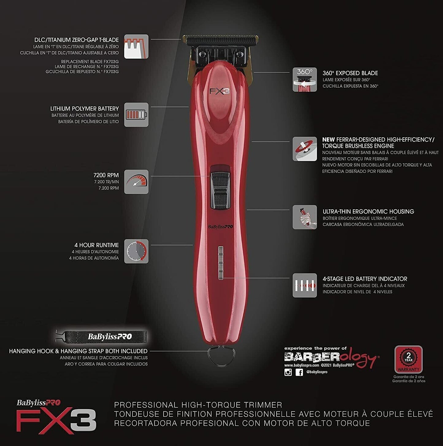 BabylissPRO FX3 Titanium Lithium High-Torque Hair Trimmer Babyliss PRO FXX3T RED