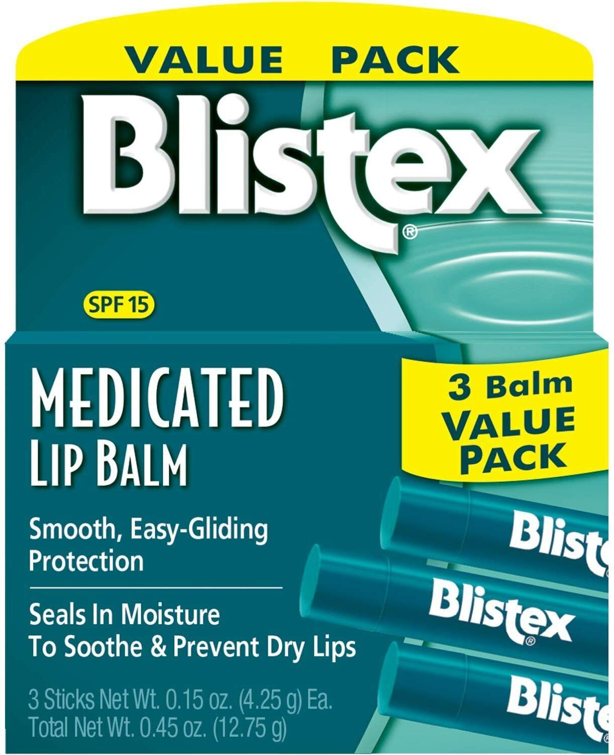 Blistex Medicated Lip Balm Protectant Sunscreen SPF 15 3x Chap Stick Value Pack